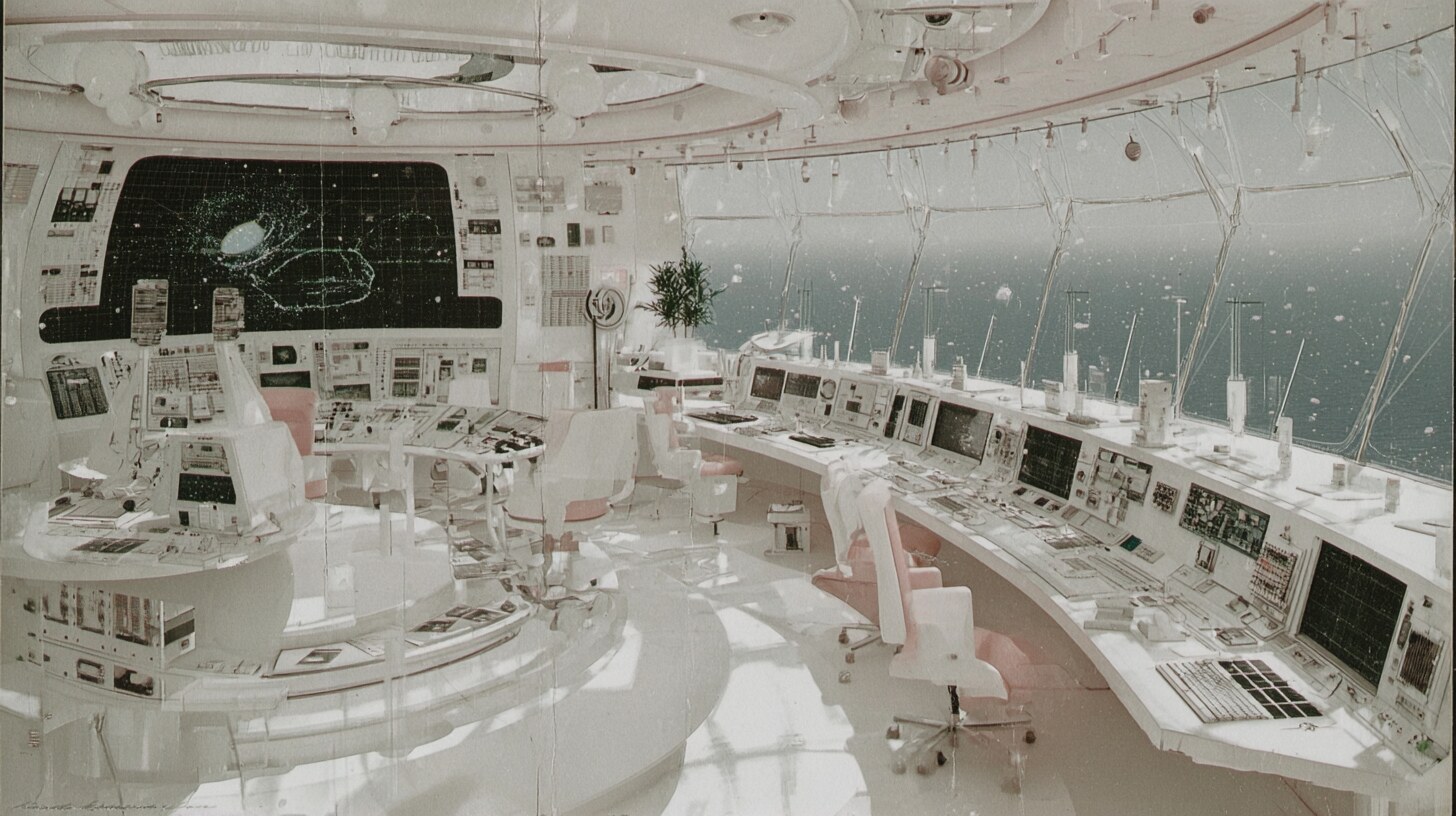 The lab in baby pink: white consoles, pink seats, the sea beyond the glass.