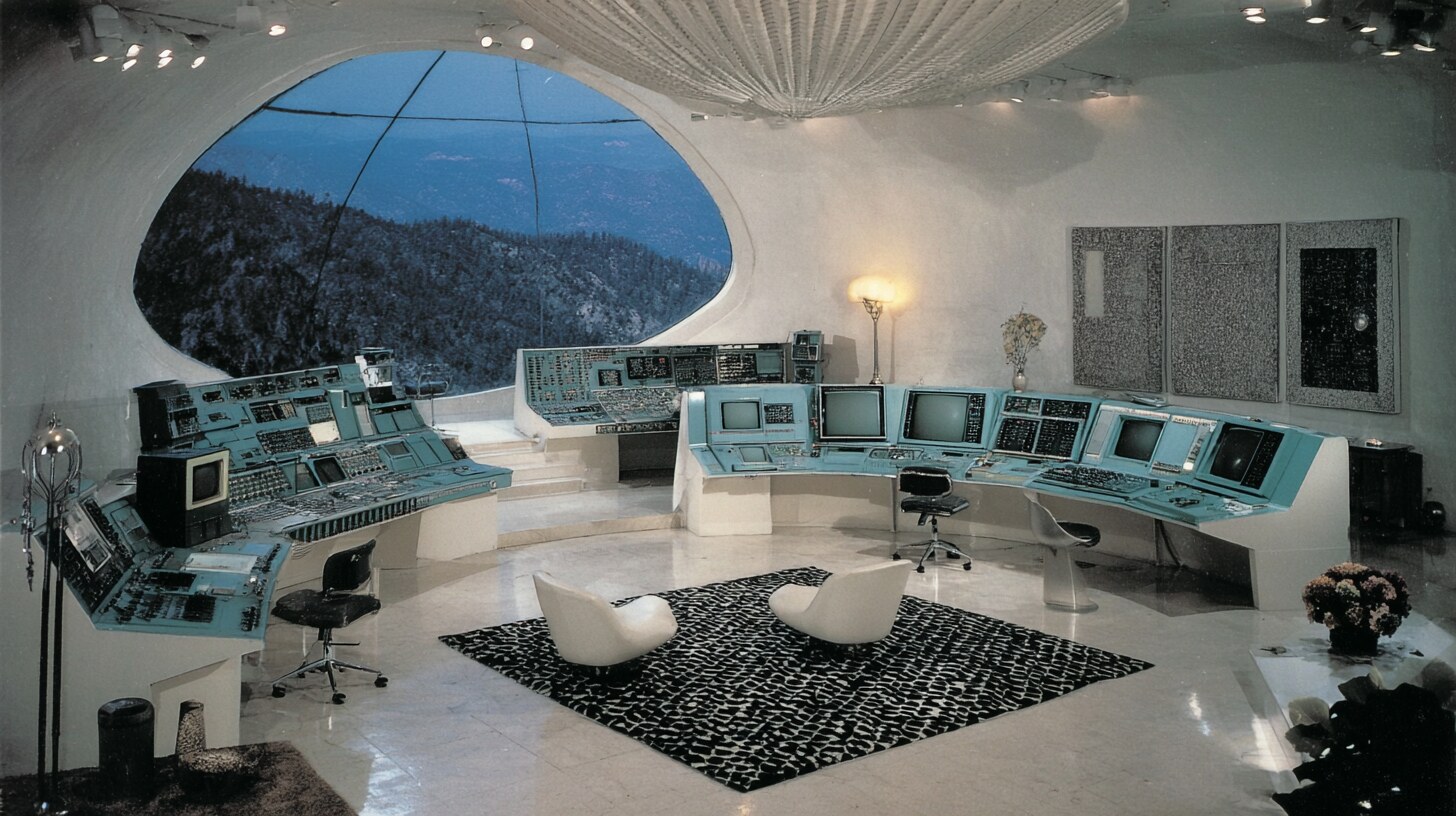The lab in teal: issue consoles under an oval window onto the mountain.